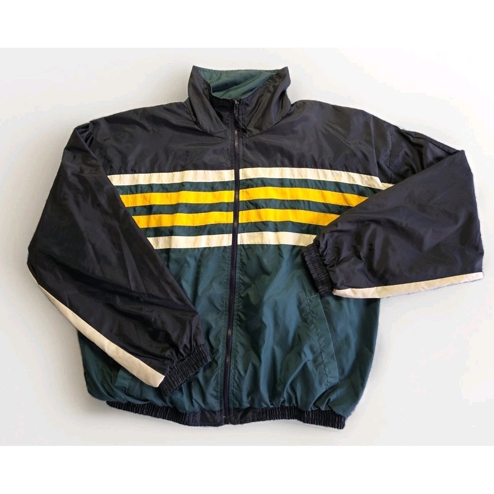 VTG y2k‎ Sierra Pacific Striped Windbreaker Jacket Dark Green Navy Yellow White